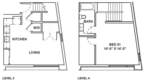 A floor plan shows a living area, a kitchen, a bathroom, and a bedroom on the second floor.